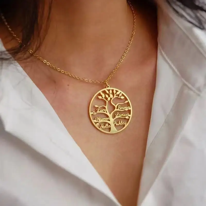 Niestandardowy naszyjnik z imieniem drzewa życia Naszyjnik z imieniem członka rodziny Złota biżuteria ze stali nierdzewnej Choker Prezenty na Dzień Matki