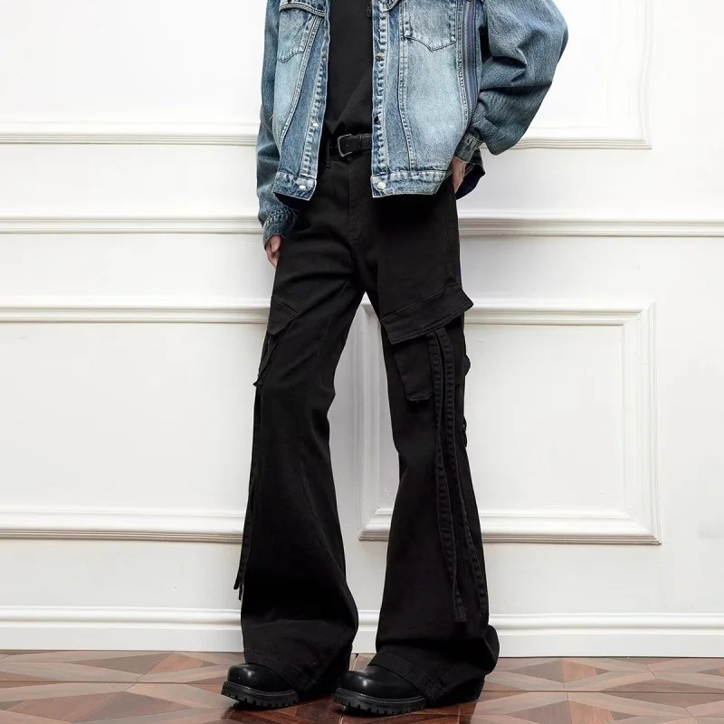 2025 اليابانية Y2K نمط الشريط تصميم أسود سليم البضائع الجينز السراويل للرجال الملابس الشارع الشهير القطن السراويل الطويلة مودا Hombre #6