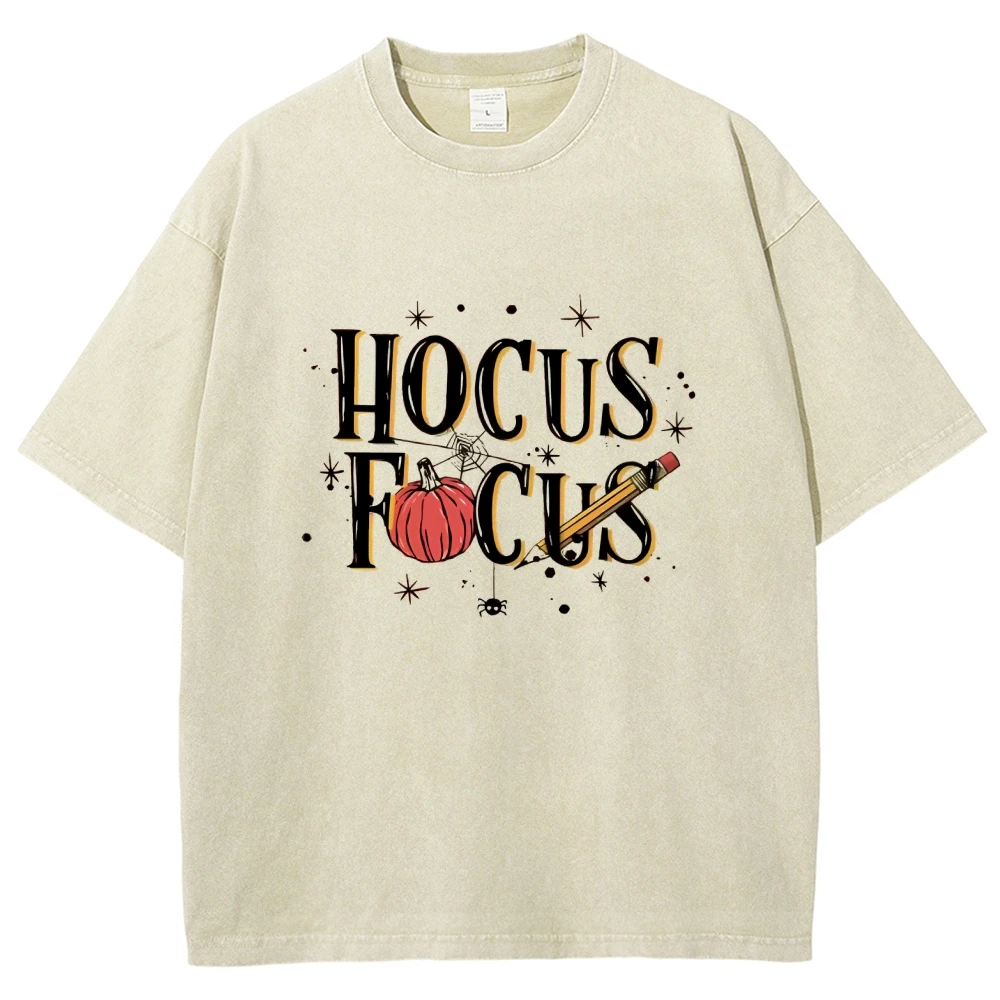 Hocus Focus Trendy Vintage Halloween Unisex Washed T-shirt Pumpkin Spider Web 90s Vintage Oversize Short Sleve Top Retro Tee