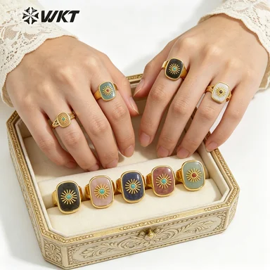 WT-R364 Amazing Women Fashion Suqare Party Cocktail Ring Gold Electroplated Flower Charm Natural Stone Daily Accessory