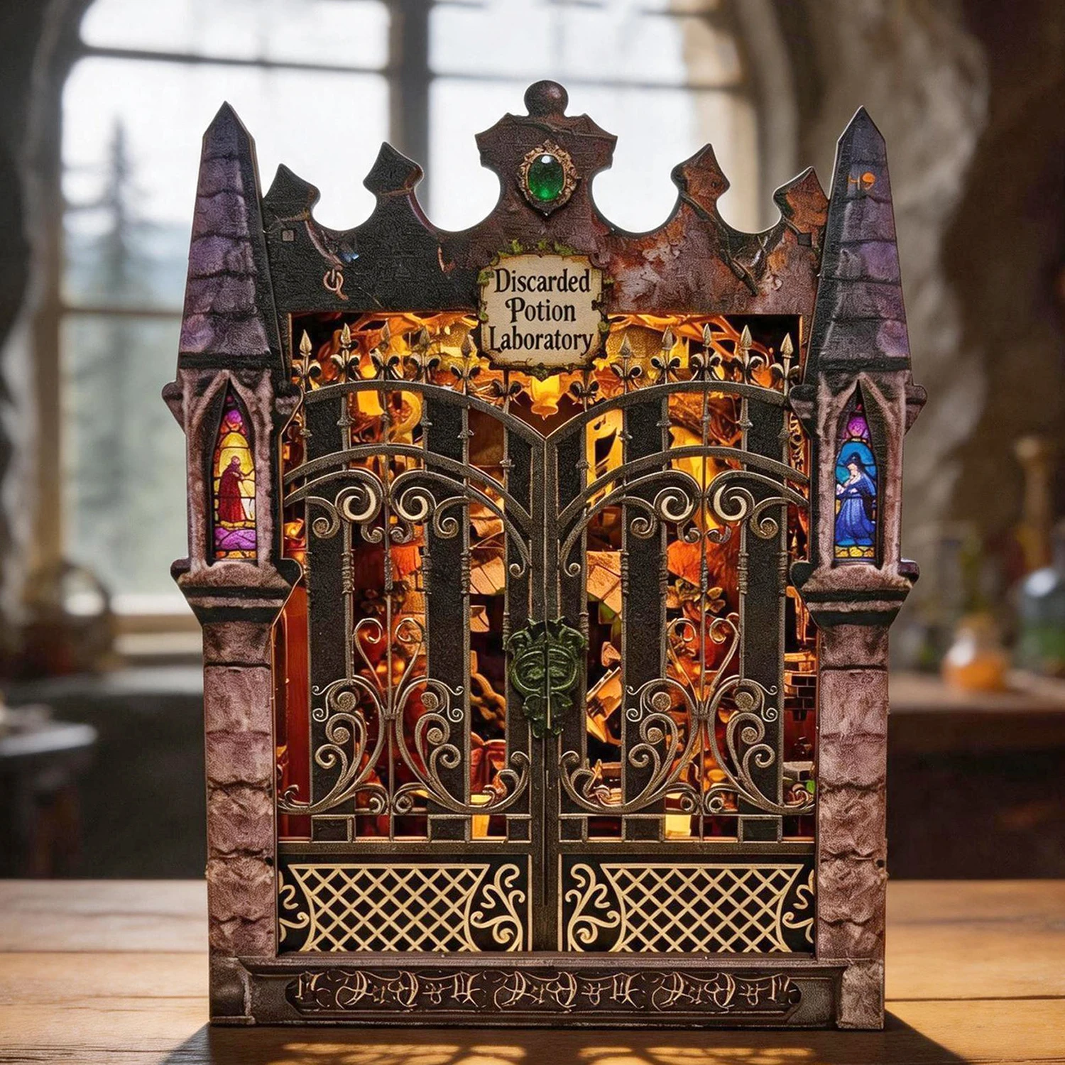 DIY Wooden Book Nook Figurines Miniatures Twilight Potion Mystic Realm Bookend with Light for Friends Gifts Home Decor Crafts