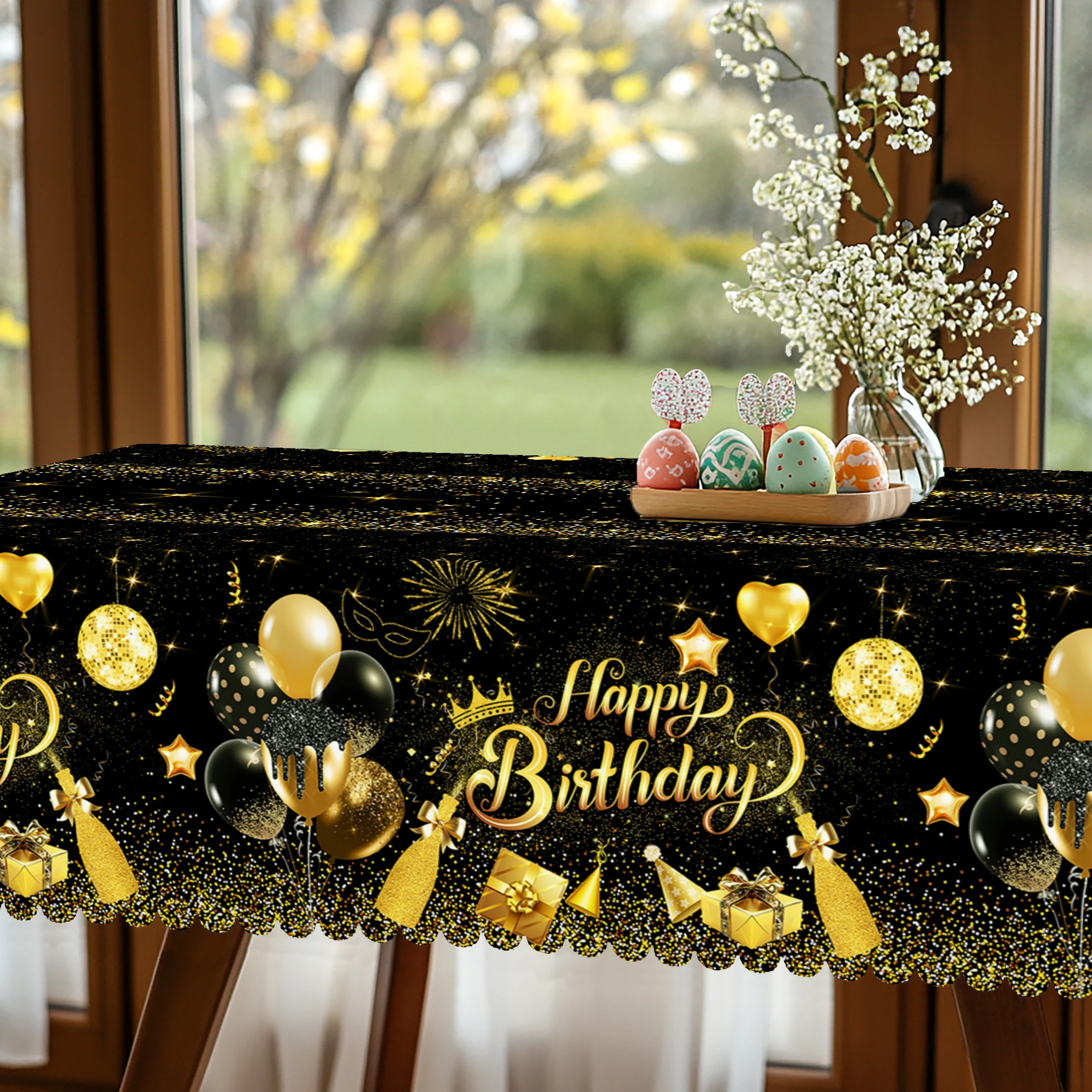 1 Piece, Round/Rectangular Luxury Birthday-Themed Polyester Tablecloth + 4 Self-Adhesive Stickers, Luxurious and Glamorous Gold-Black Color Scheme, Bright Yellow Balloon Champagne Gift Box Print, Embossed Edges, Suitable for Home Kitchen, Living Room Dining Table, Balcony Coffee Table, Holiday Party Table Decoration, Outdoor Picnic Decoration, Coffee Table Decoration Tablecloth Table Cover, Perfect Holiday Gift, Spring, Summer, Autumn, Winter Tablecloth Decoration, Birthday Decoration Sr002