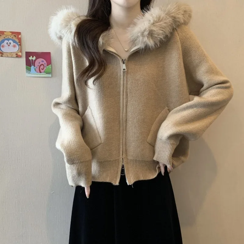 

Women's Korean Chic Hooded Sweater Cardigan Autumn Winter Lady Graceful Solid Pocket Knit Jackets 2025 New Coats Tops Female