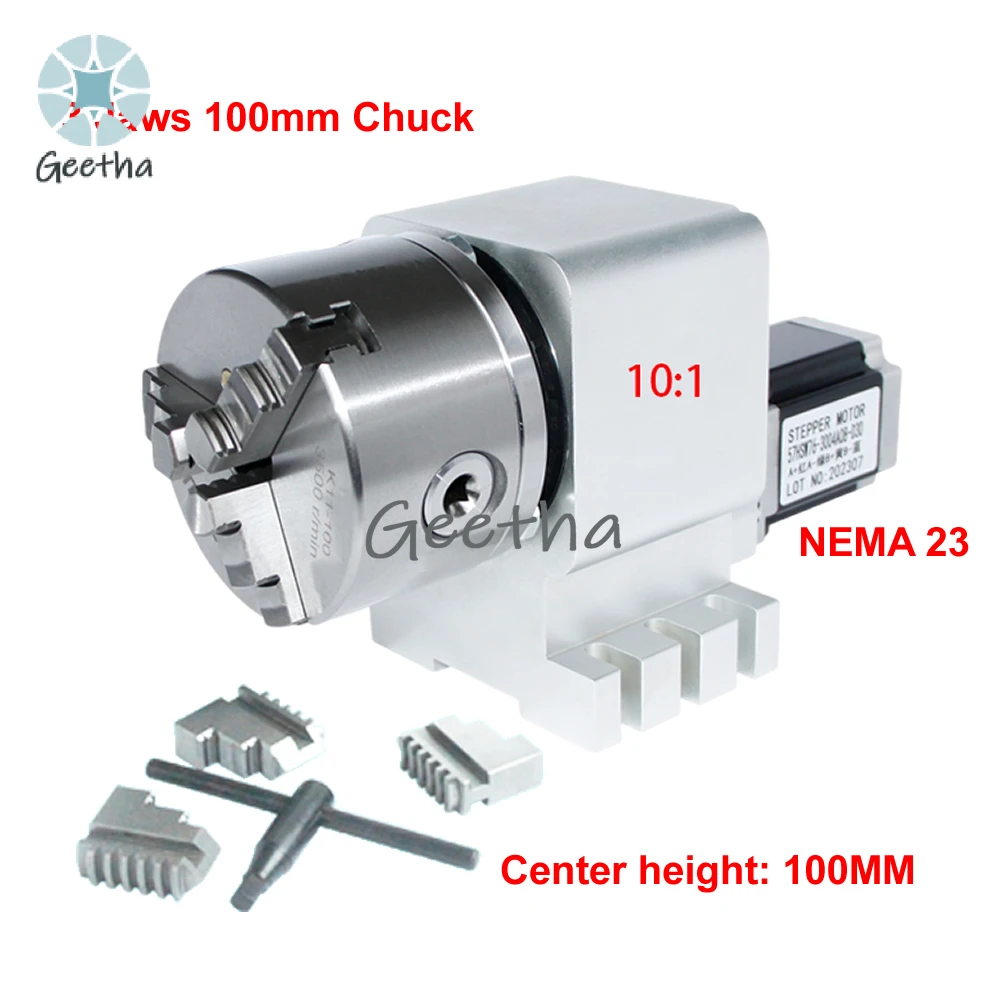 CNC A 4th Axis Rotary Axis Gearbox Reducer 23 Stepper Motor CNC Indexing Head 3/4 Jaws 100MM Chuck Engraving Machine Tool