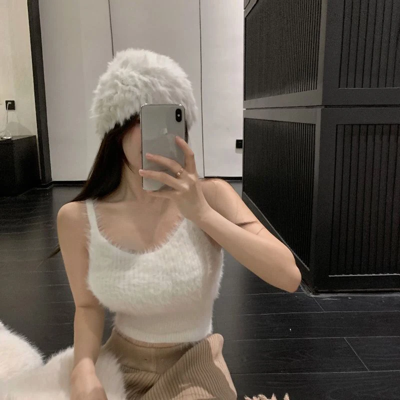 Women Faux Mink Fur Knitted Camisole Vest Cropped Tops Autumn Winter Female Club Party Sleeveless Sweater Tank Tops - Image 4