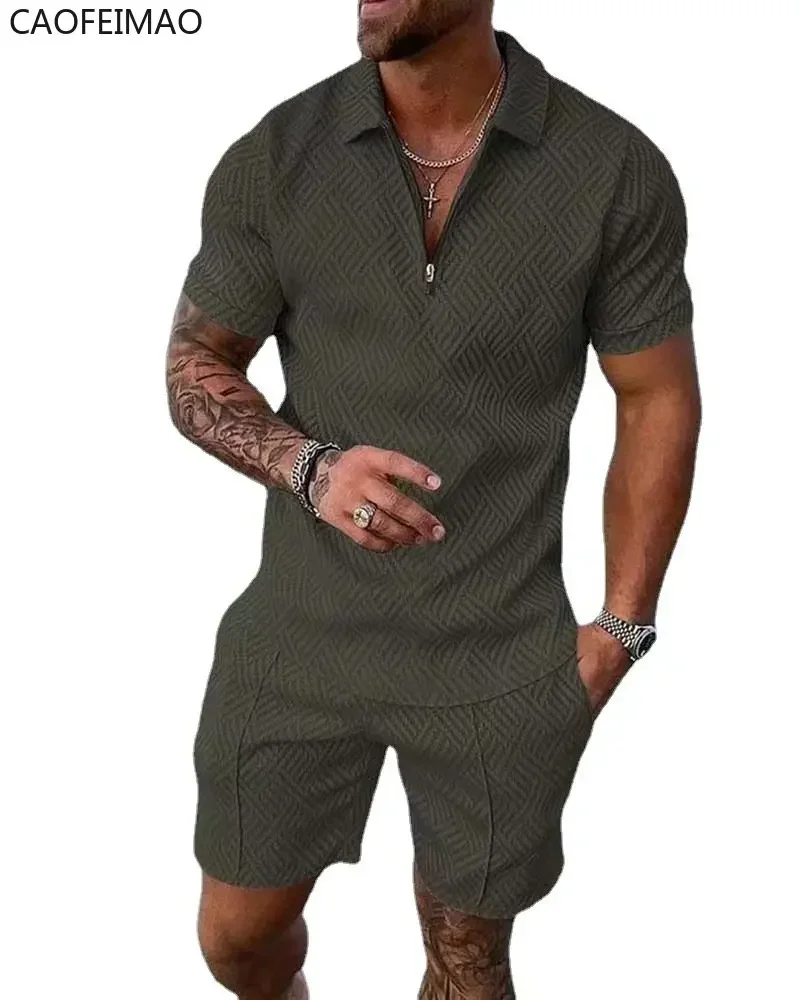 2025 New Men's Suit 3D Color Stitching Print Summer Short Sleeve Polo Shirt Shorts Suit Fashion Zipper Polo Shirt Two Piece Set