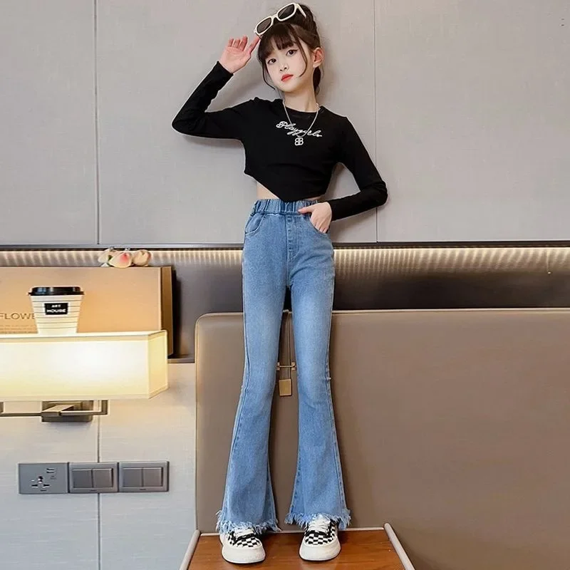 

Элегантные джинсы-клеш для девочек 5-14 лет, весна-осень, подростковая одежда, расклешенные джинсы для детей