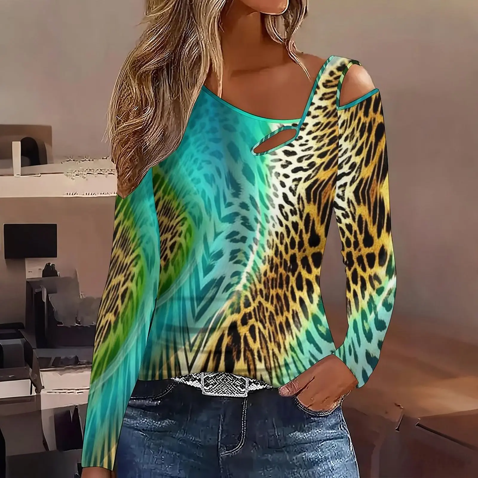 Elegant Directional Slanted Shoulder Long-Sleeved Off-Shoulder Fashion Elegant Women's Printed Top Everyday Fashion T-Shirt