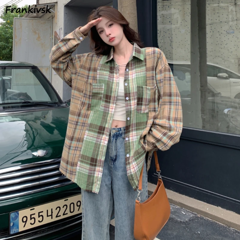 

Jackets Women Vintage Patchwork Contrast Color Streetwear American Style Long Sleeve Schoolgirls Aesthetic Chic Summer Overcoats