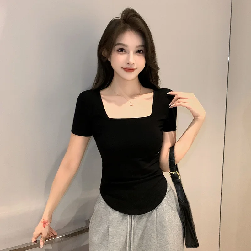 Women Solid Color Square Neck T Shirt 2024 Summer Simple Slim Curved Hem Top