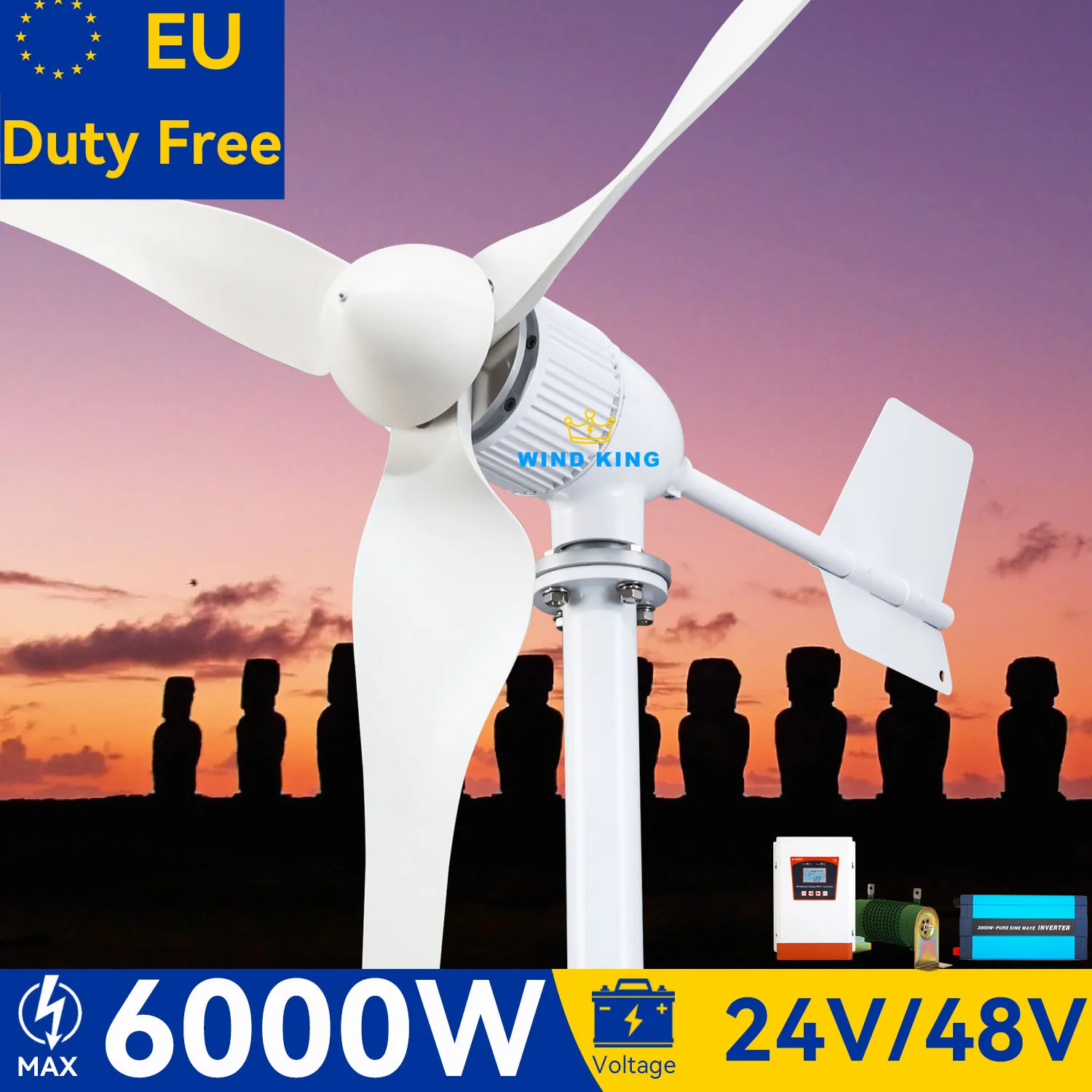 

【High Power】WindKing Max 6KW Wind Turbine 3 Blades 12V 24v 48v High Efficiency Power Output Turbine With Hybrid Charger System.