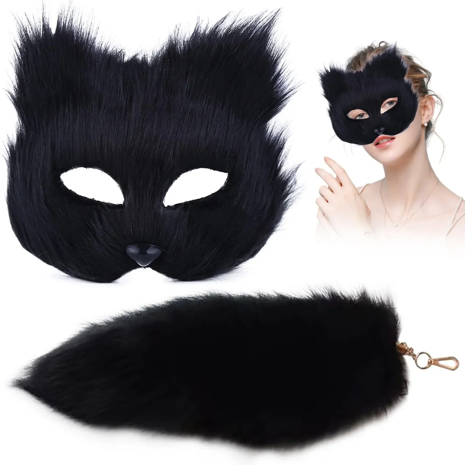 Mask and Tail Set Fuzzy Cats Foxes Wolf Mask Tail Halloween Cosplays Costume Halloween Cosplays Stage Costume 2024