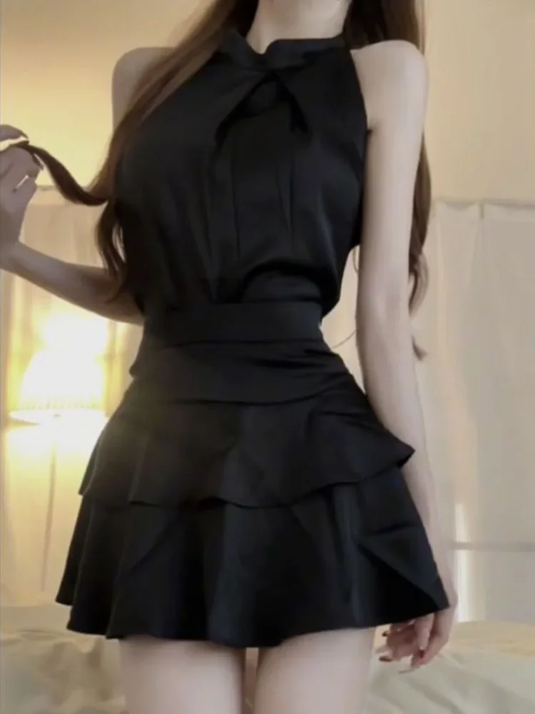 Fashion Off Shoulder Sleeveless Halter Black Tops Women Y2k E-girl High Waist Ruched Skirts 2025 Two Piece Sets