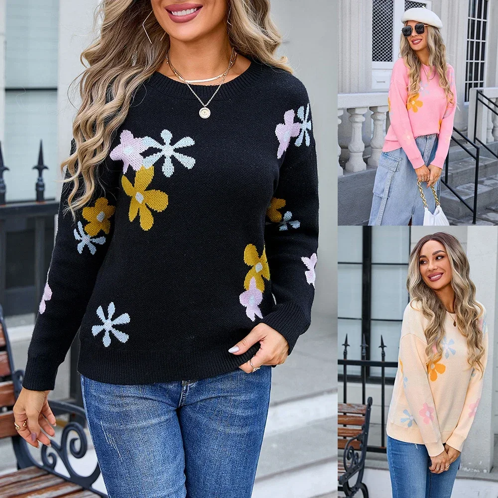 New Flower Sweater Knitted Long Sleeve Crew Neck Slim-fit Pullover Casual Commuter Top A Variety of Colors To Choose From