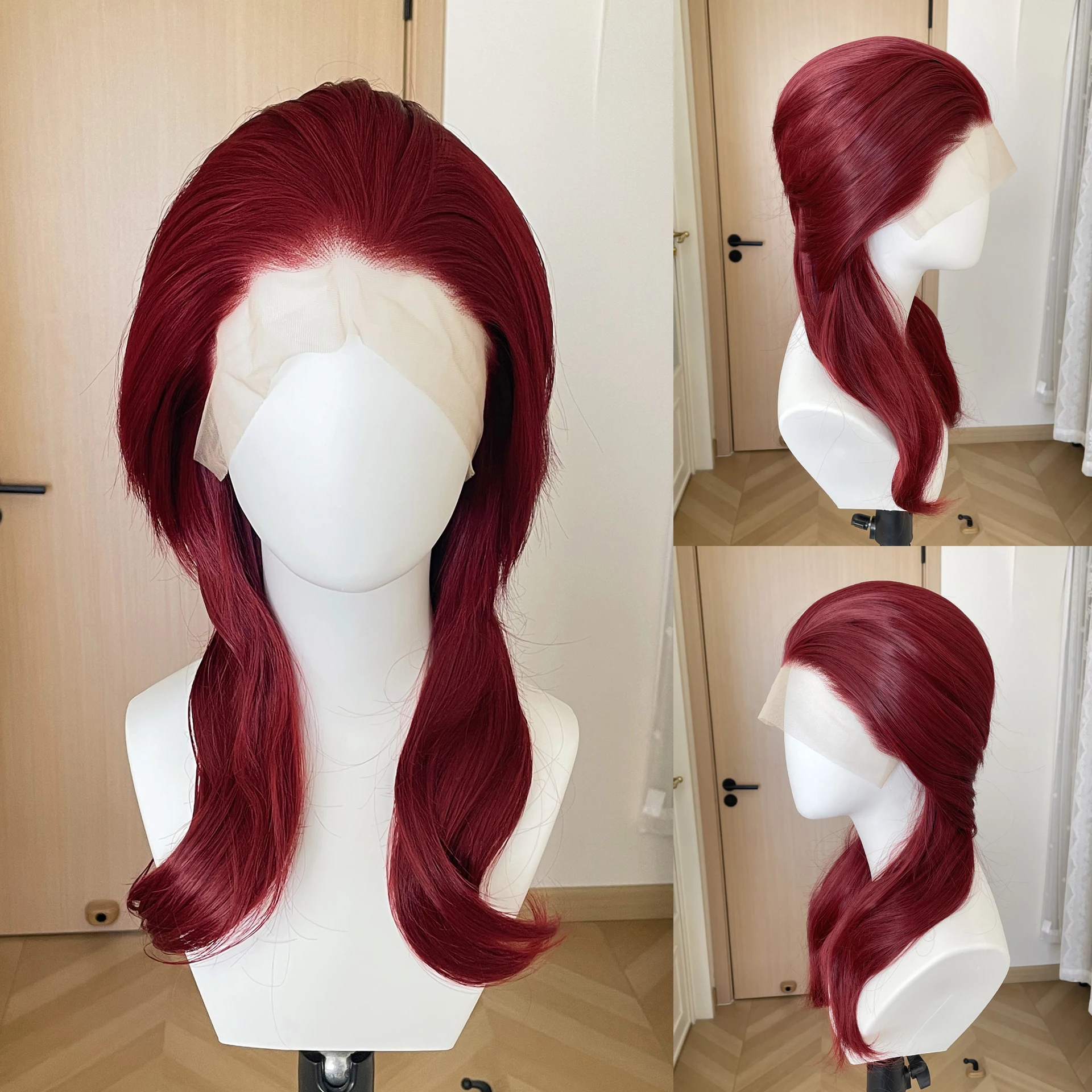 

Dark Red Cosplay Shoulder Length Short Curly Wigs Mullet 13x4 Synthetic Lace Front Wigs for Women Layers Ponytails Medium Cap