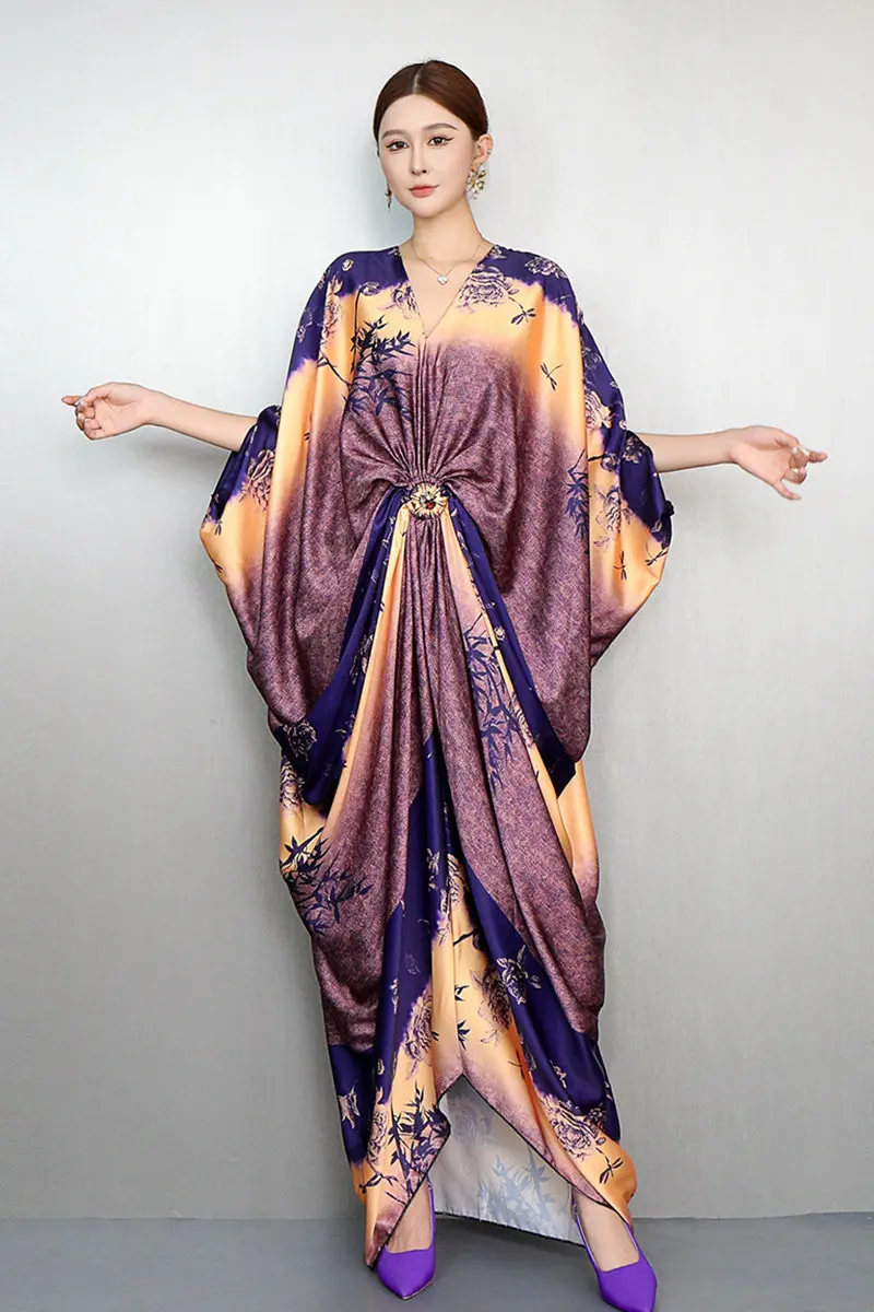 2026 Summer New Elegant Loose V Neck Long Printed Dress Women Batwing Sleeve Vacation Dress Wholesale J2195