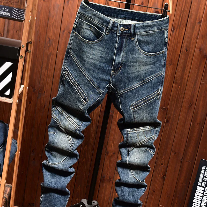 Jeans retos vintage masculino com decoração de zíper, jeans casual, Splice azul, jeans versátil para motocicletas, moda streetwear, novo