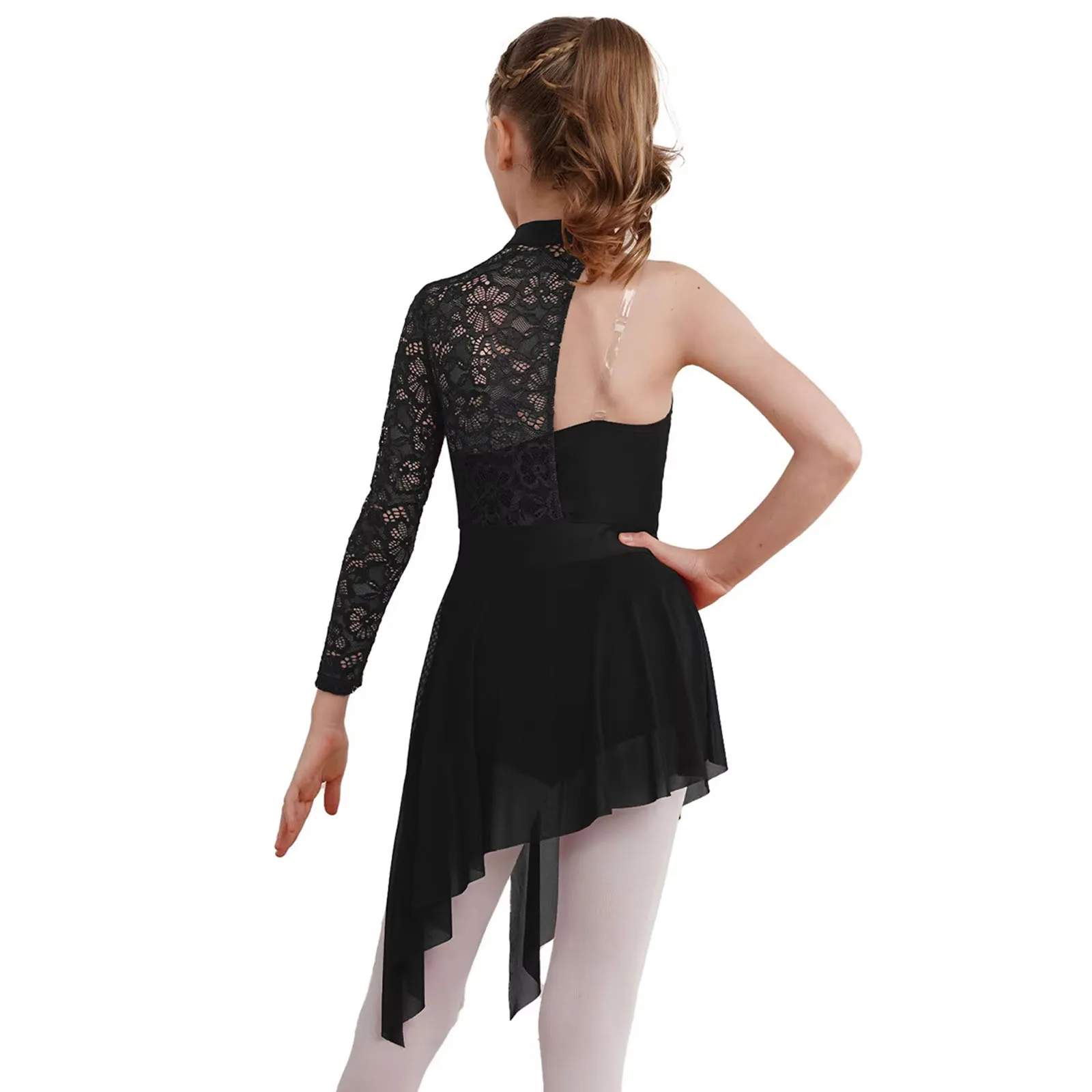 Girls Lyrical Dance Costume Figure Skating Ballet Gymnastics Performance Dancewear One Shoulder Lace Asymmetric Leotard Dress