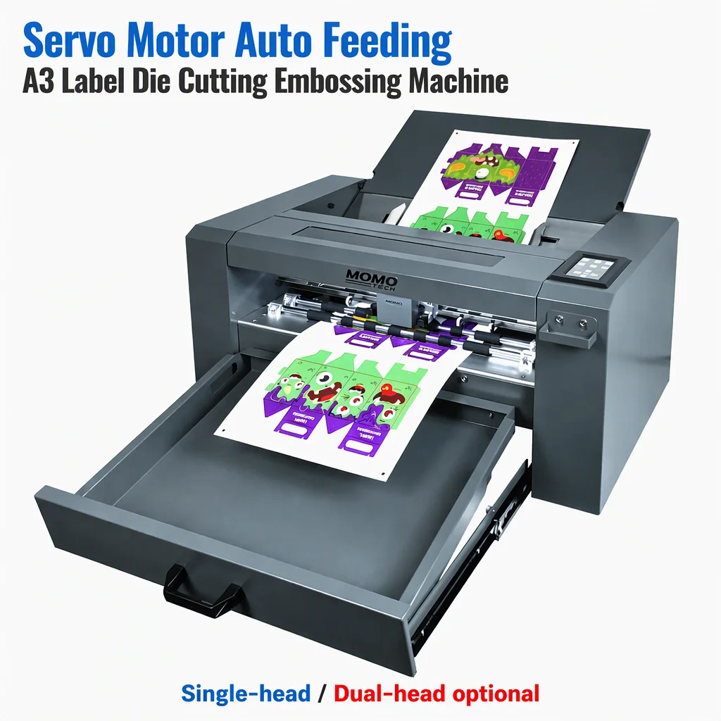 MOMOTECH Servo Motor Auto Feeding A3 Sheet Digital Label Die Cutting Embossing Machine for Label Paper Contour Cutting Machinery