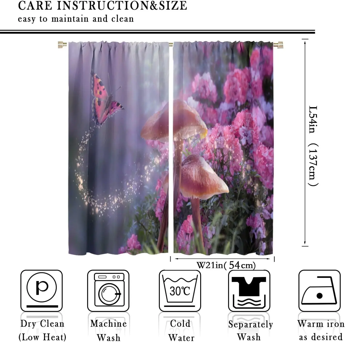 Romantic Mushroom Curtains,Colorful Foggy Fantastic Dreamy Fairy Pink Floral Butterfly, Blackout Rod Pocket Window Treatments