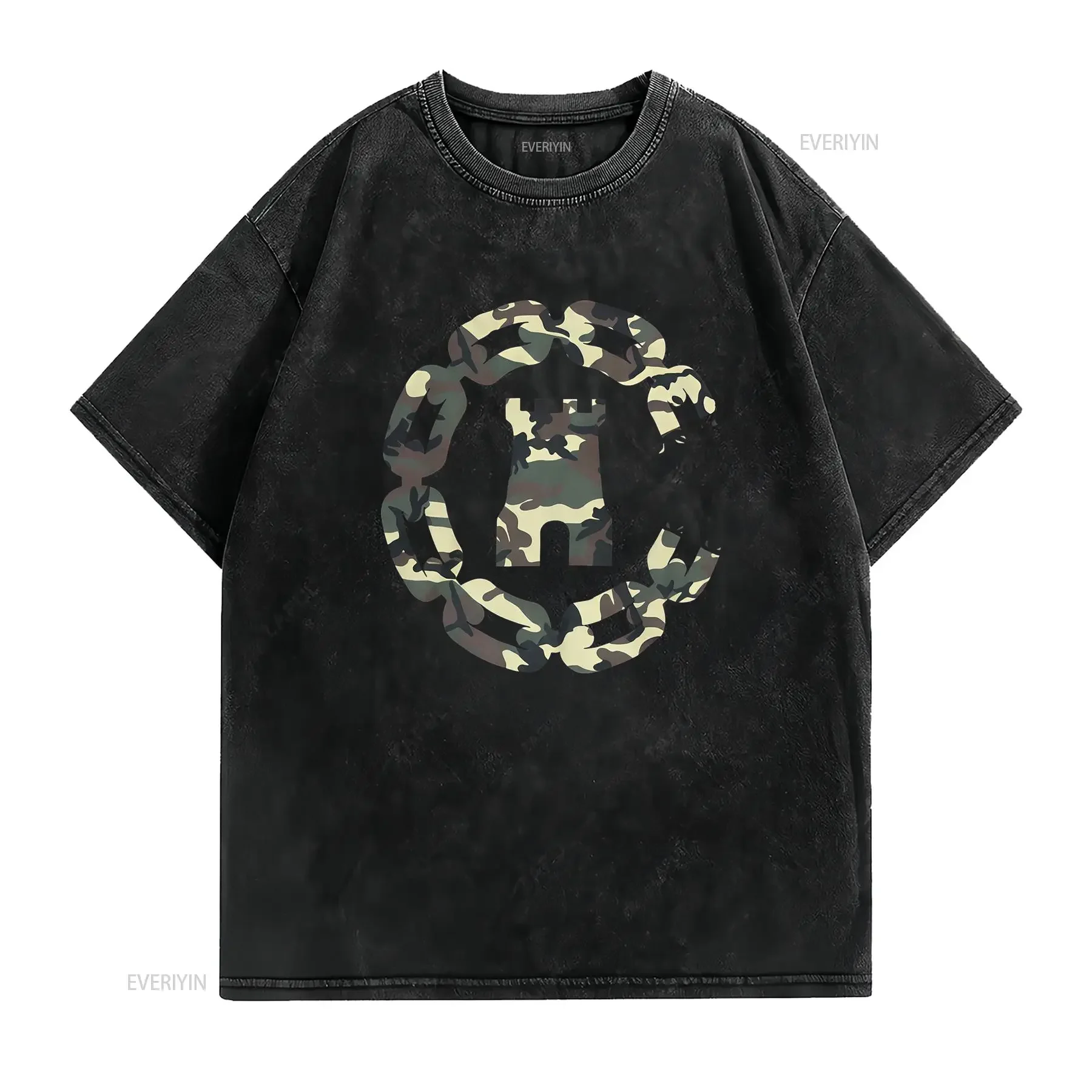 Streetwear Military Camo Castle Chain Wreath Print Casual T Shirt vintage Washed Comfortable streetwear Versatile