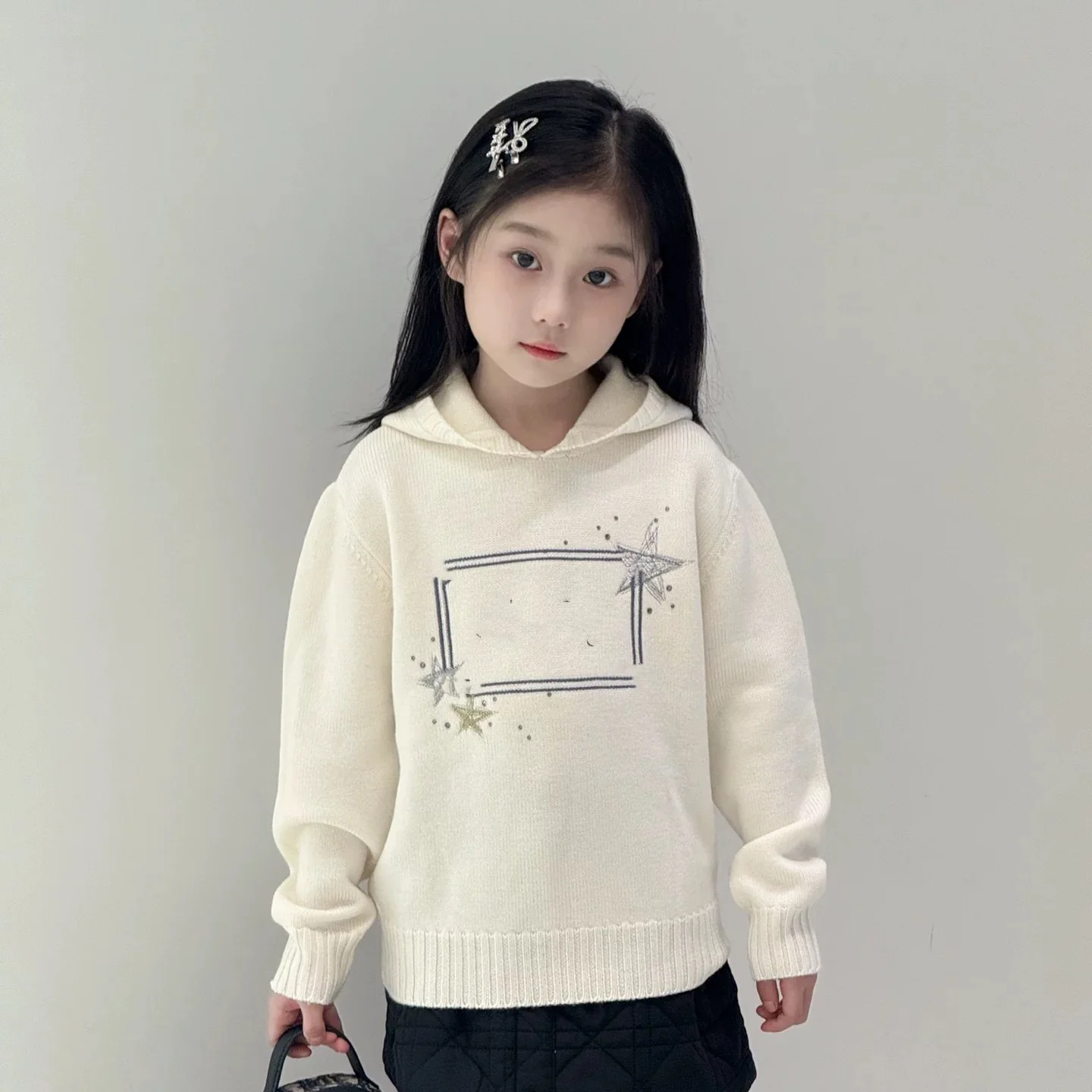 

Осень/зима 2022, новый детский вязаный свитер из смесовой шерсти с капюшоном и вышивкой «Маленькая звезда»