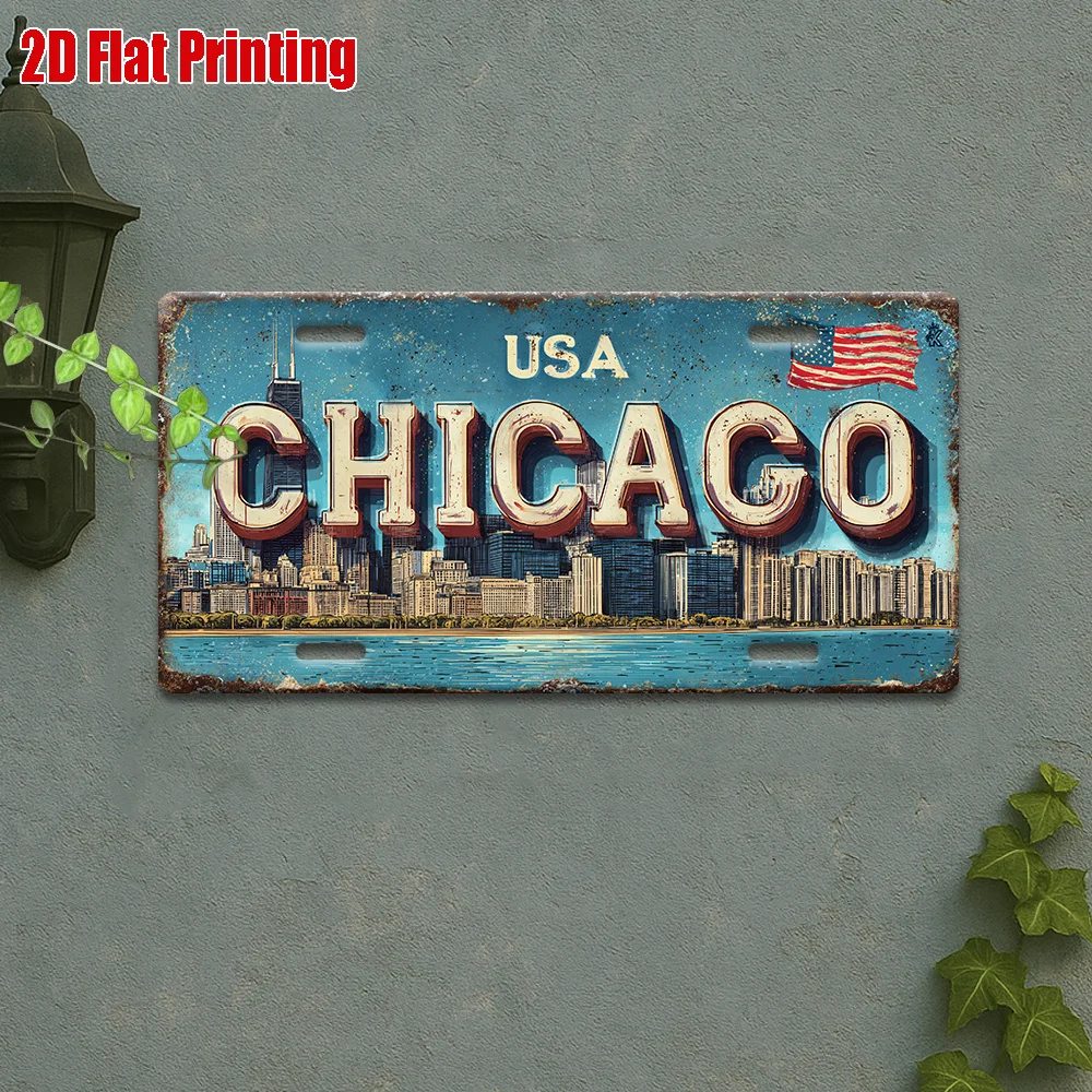 

Металлический номерной знак — алюминиевый знак Chicago Skyline, уличный настенный декор с американским флагом и городской пейзаж, идеально подходит для Livi