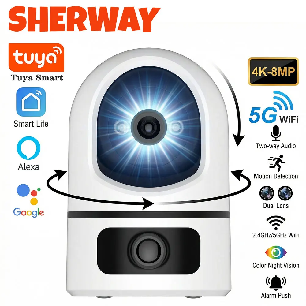 

Tuya 4K 8MP WiFi Dual Lens Camera Indoor 2.4G/5G WIFI Security Camera Two-Way Audio Baby Monitor Color Night Vision Surveillance