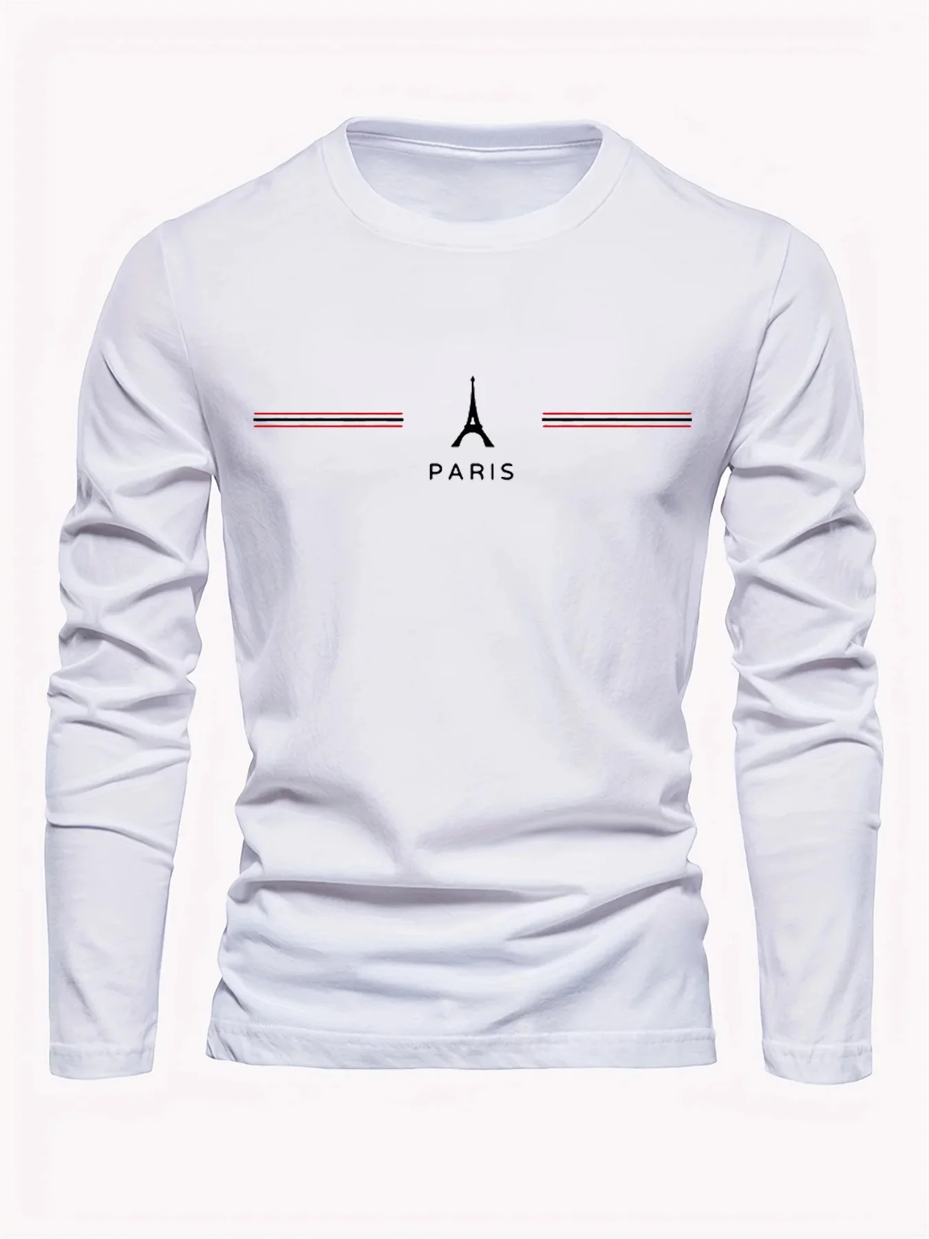 100% algodão puro masculino manga comprida em torno do pescoço solto casual paris padrão impressão primavera e outono versátil camiseta topo