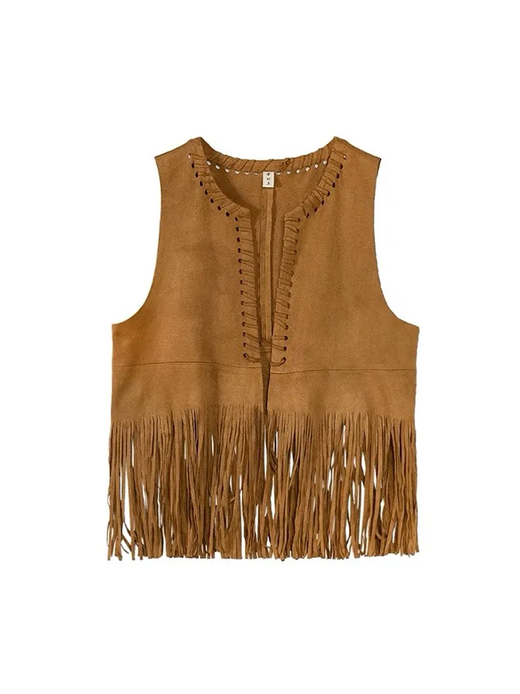 

n Sle Women's Suede Vest Summer Fringed Open Cardigan Outerwear Cowboy Western Sle ort Length V-Ne Pure Color
