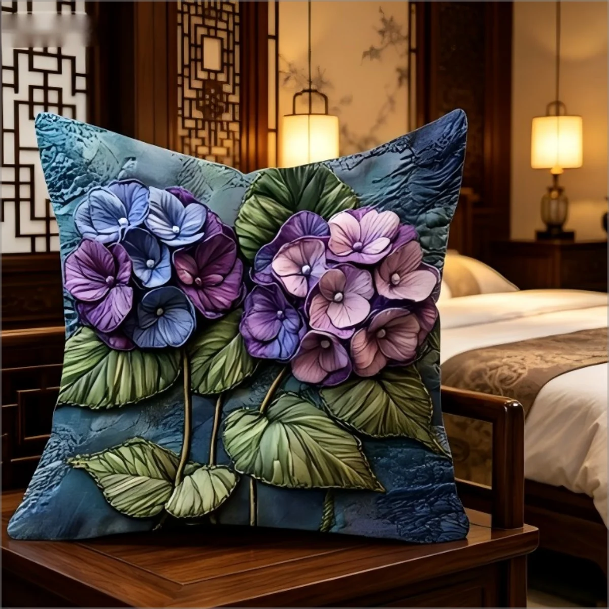 Purple Hydrangea Faux Embroidery Pillow Cover 2D Floral Print Cushion Case Boho Farmhouse Home Decor Gift
