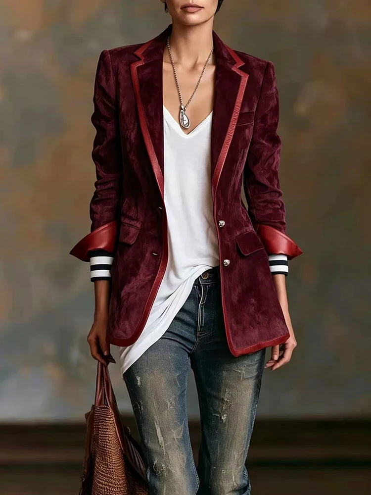 Autumn Winter Slim Formal Business Outerwears Women Velvet Blazer Jacket Notch Collar Contrast Trim Long Sleeve Casual Suit Coat