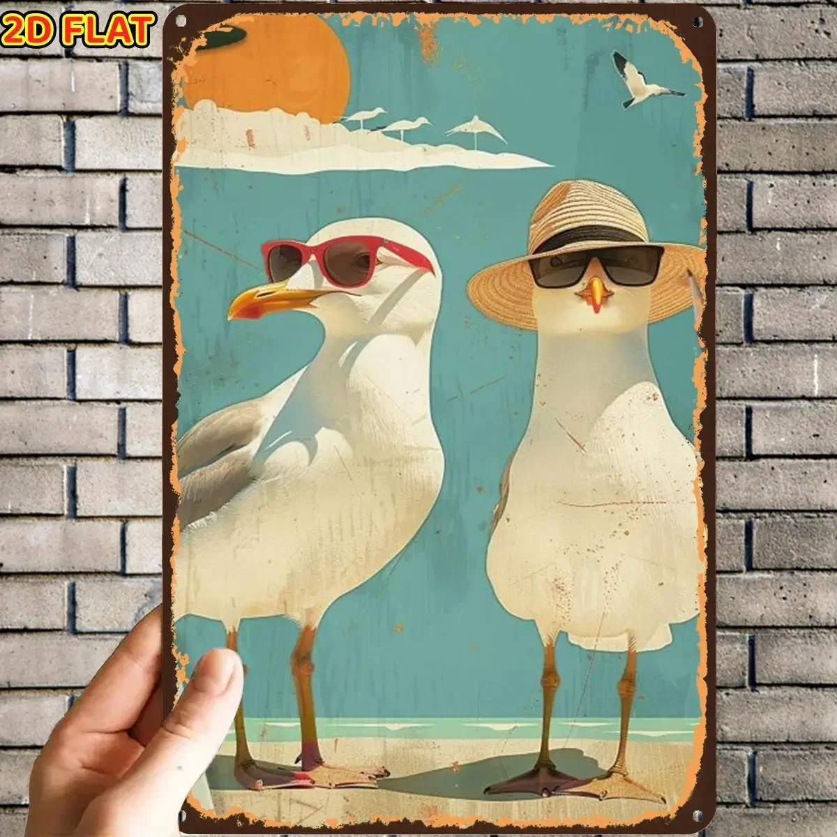 2D Flat, 2D Flat,1pc,Seagull Beach Vacation Metal SignMetal Tin Sign, Pre-Drilled Holes, Suitable for Indoor, Garden,Outdoor, Ho