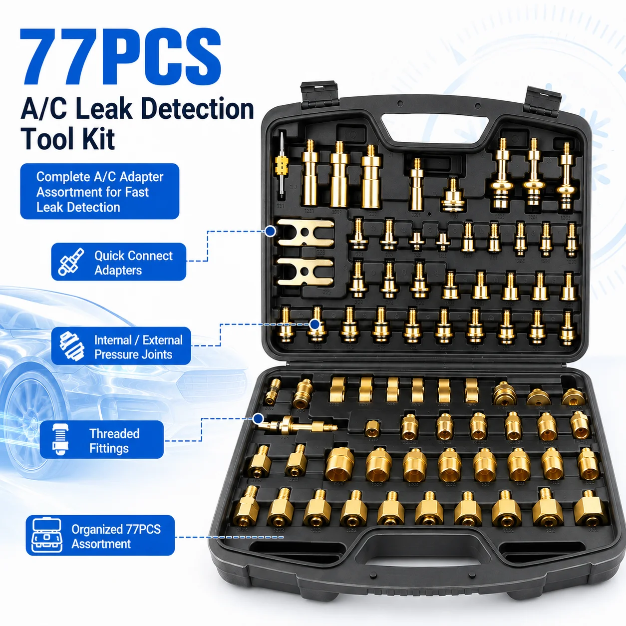 77PCS Automotive A/C Leak Detection Kit, Pure Copper Test Plugs, Quick Connect Adapters and Fittings for Car AC Maintenance