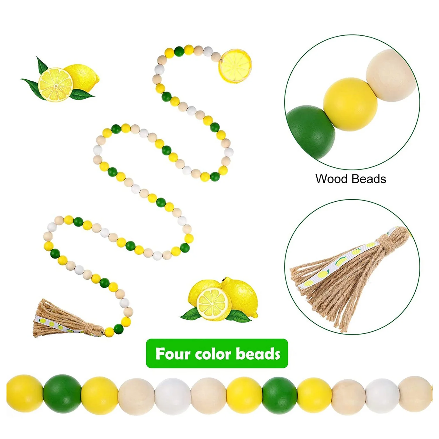 

C9-Lemon Wood Bead Garland With Tassel Buffalo Plaid Beaded Hanging Country Farmhouse Style Summer Spring Decorations