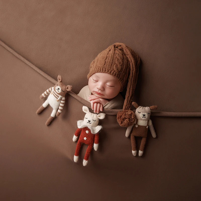 Cute Theme Baby Photography Props Newborn Photo Knitted Animal Dolls Combination Boys And Girls Photo Hat Head Flower Accessorie