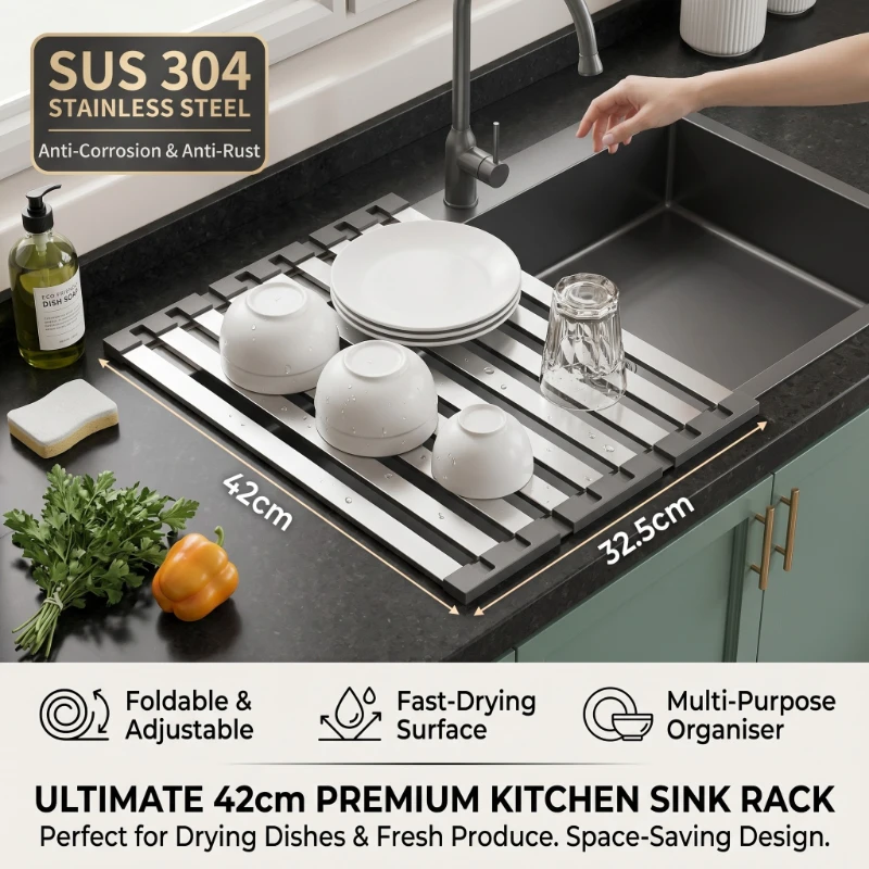 42x32.5cm 304 Thickened Wide Edge Stainless Steel Kitchen Sink Drain Storage Rack Tri-fold Adjustable Telescopic Drain Basket