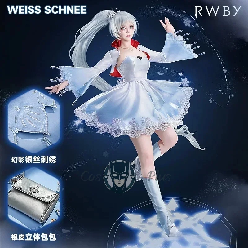 أزياء أنيمي RWBY Weiss Schnee التأثيرية فستان دانتيل متدرج أزرق وأبيض زي نسائي لحفلات الهالوين