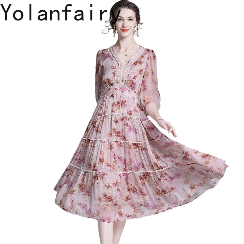

YOLANFAIRY High-end 70% Linen 30%Mulberry Silk Dress 2026 Woman Clothing Spliced Lace Long Dresses Elegant Floral Birthday Dress