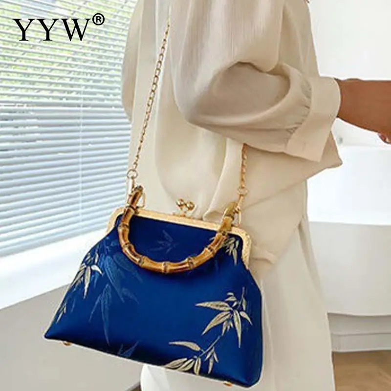 Vintage Chinese Style Women Clutch Handbag Metal Solid Bamboo Handle Brand Designer Crossbody Shoulder Chain Tote Purse Satchel