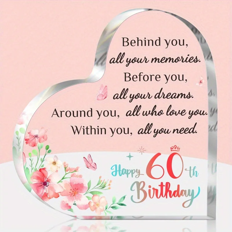 Happy 60th Birthday Acrylic Sign, Heart-Shaped Inspirational Statue for Her Him, 60 Year Old Party Decoration Gift