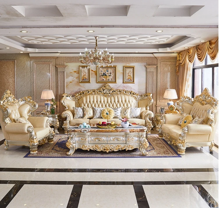 #￥MR European Royal Luxury Villa Living Room Sofa Set Large Sized Solid Wood Carving Sofas with Noble Gold Finish Home Furniture