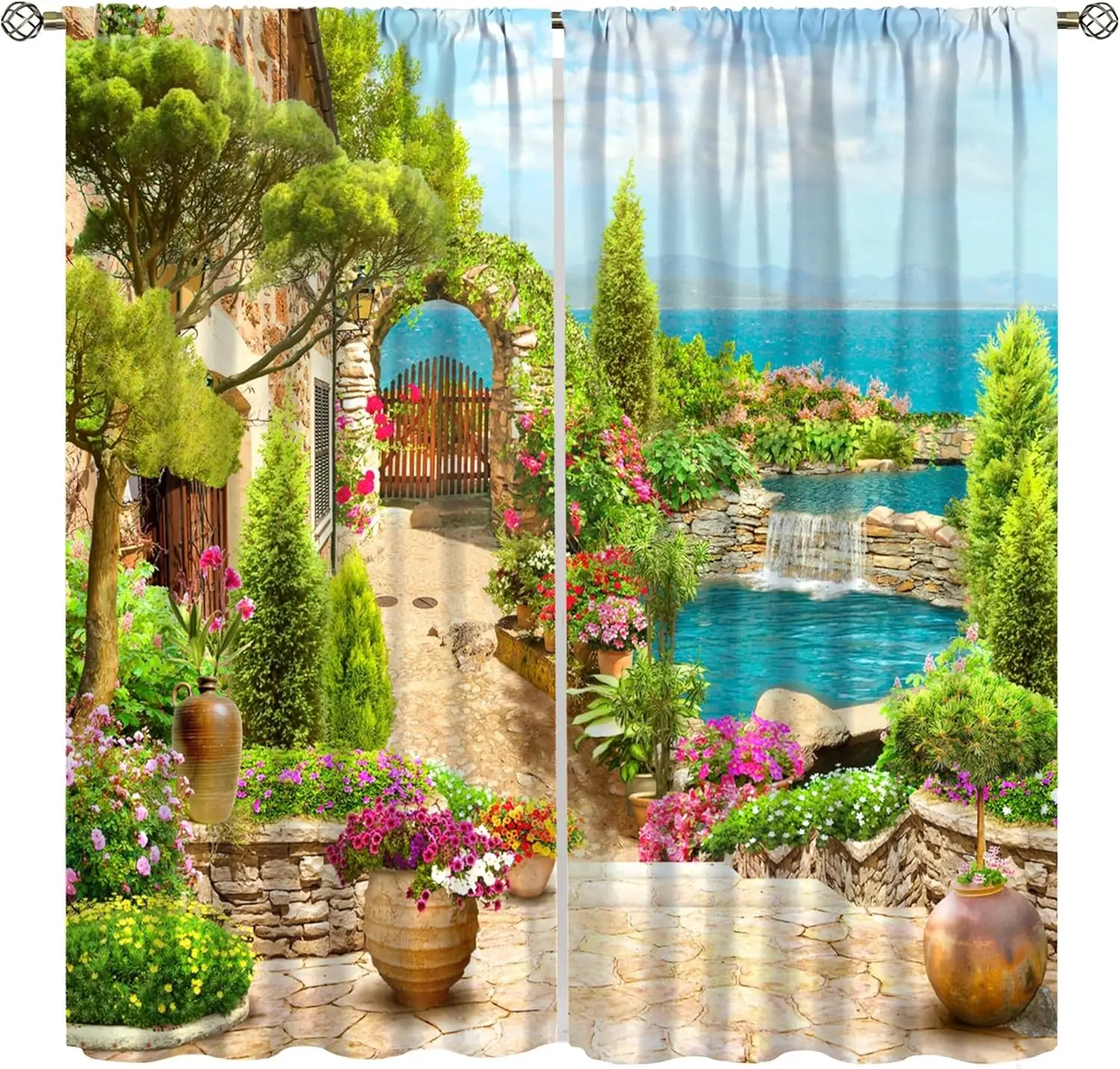 Italian Landscape Curtains for Kitchen,Vintage Scandinavian Rustic Rustic Nature Botanical Flower Leaf Beach Window Drapes Print