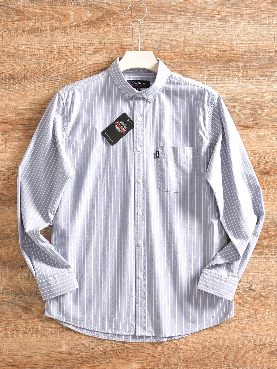 100% Cotton Oxford Weave Striped Shirt Men's Lightweight Breathable Sweat Absorbent Spring Summer Standard Fit Long Sleeve Shirt