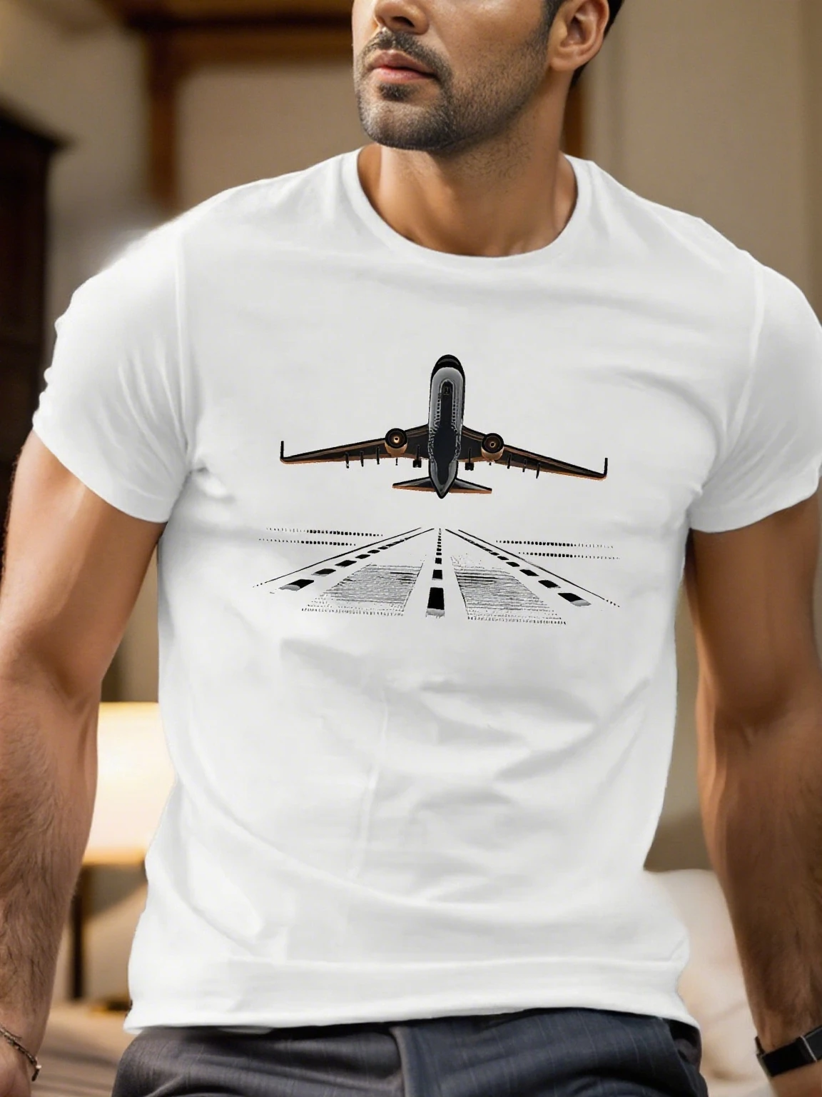 Men's Summer 100 Pure Cotton Fashionable Casual Loose Oversized Airplane Pattern Breathable Round Neck Short Sleeved T-shirt Top