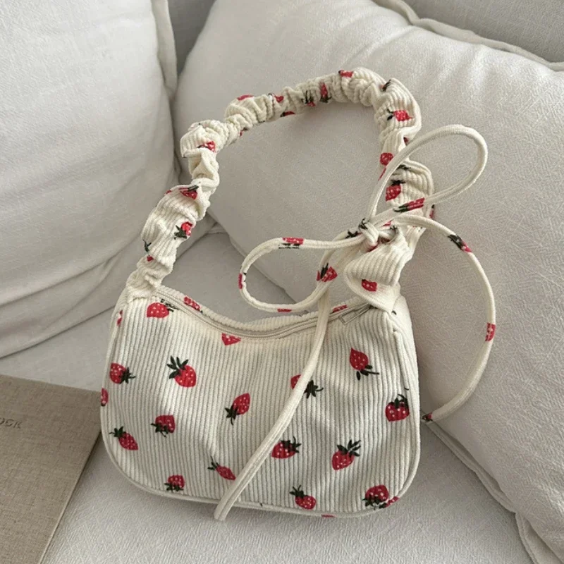 

Women Small Underarm Bag Corduroy Handbag Cute Strawberry Print Little Tote Half Moon Design Eco Cloth Purse Mini Shoulder Bags