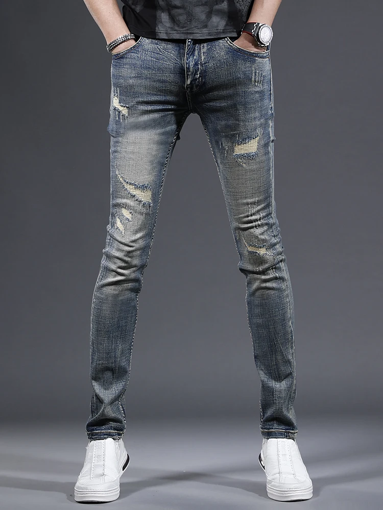 Retro Amerikaanse Blue Hole Herenjeans Jeugd Slim Fit Lente Nieuwe Sle Katoen Polyester Blend Elastische Vezel Ritssluiting