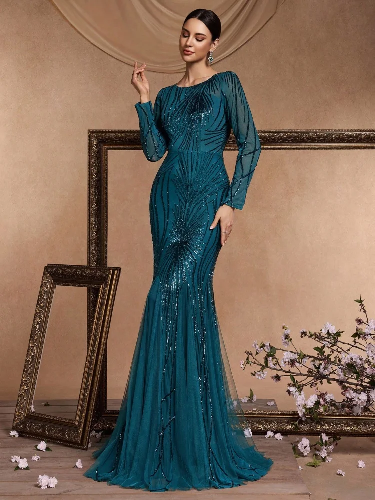 Elegant Long Sleeves Blue Sequin Evening Dresses 2025 Women Mermaid Formal Party Maxi Prom Dress Cocktail Graduation Gowns