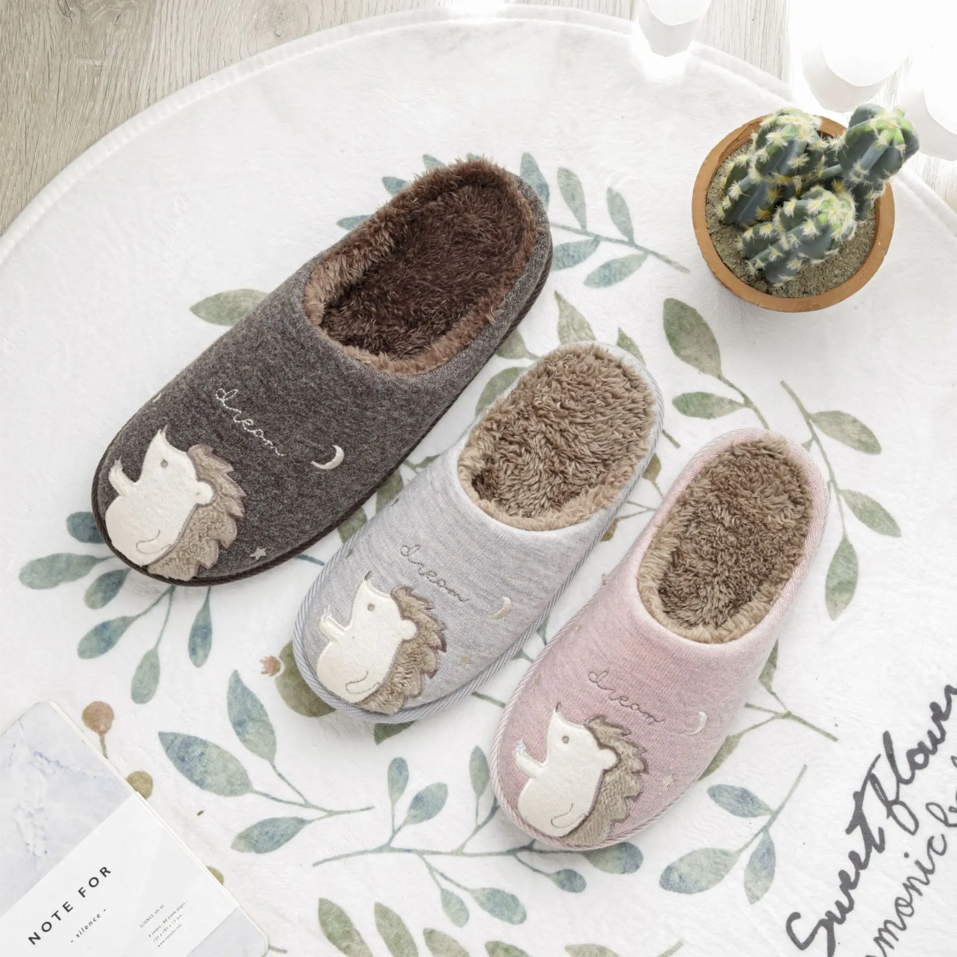 Winter Cartoon Embroidery Cute Hedgehog Women Fur Slippers  Family  Cotton Shoes Bedroom Mute Soft Soles Warm Men Fluffy Slides