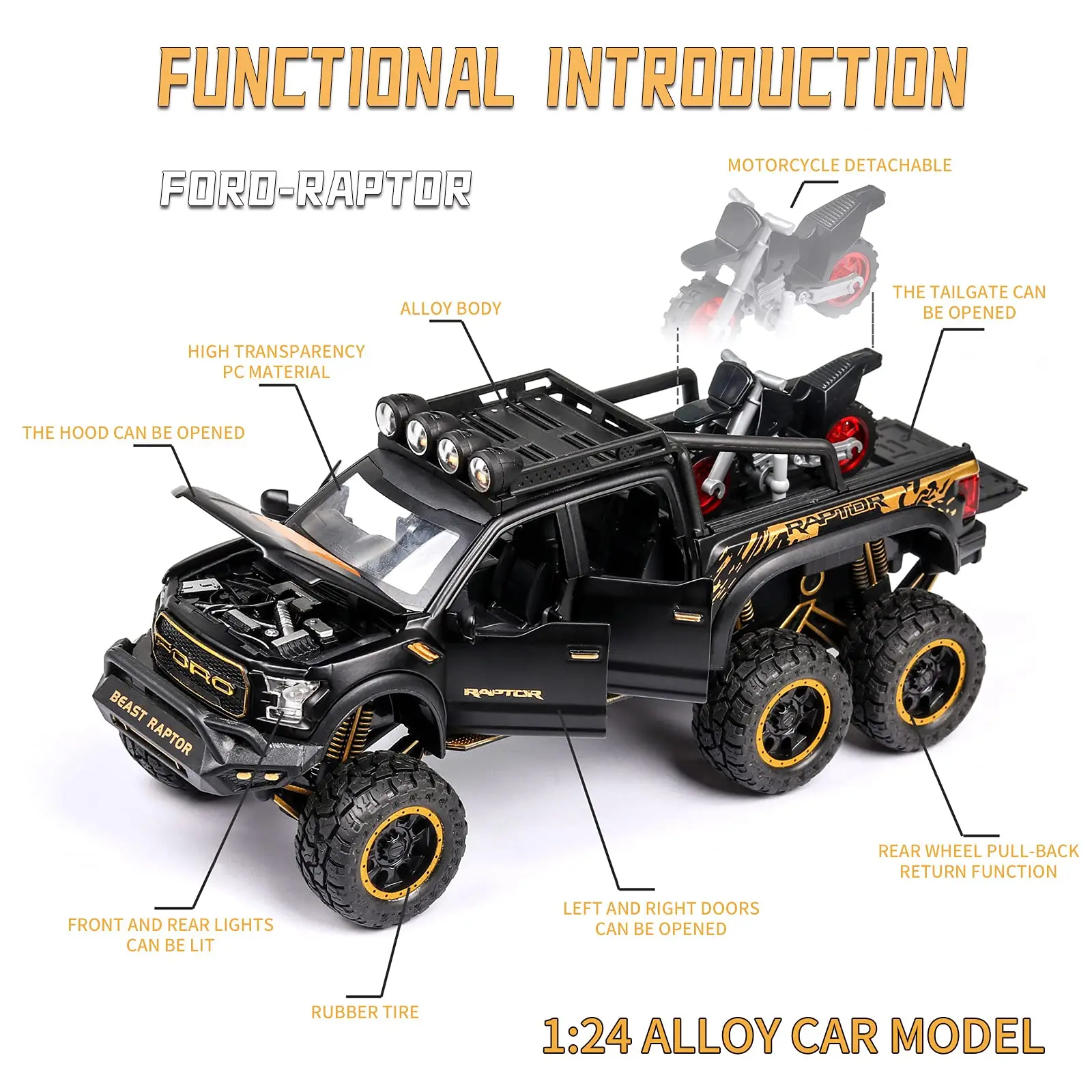 1: 24 Ford Raptor F150 Simulation Alloy Pickup Off road Children\'s Car Toys Model with Sound and Light Gifts Collection Ornament